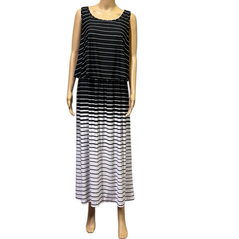 Sabrina Lauren Black White Striped Sleeveless Layered Midi Maxi Dress Womens XL